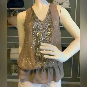 Robbi & Nikki Beige Sequined Sparkling Top with Silk Overlay. Size XS.